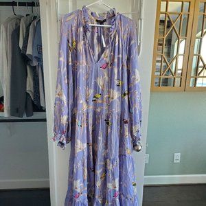 Banana Republic S periwinkle bird print tiered maxi dress